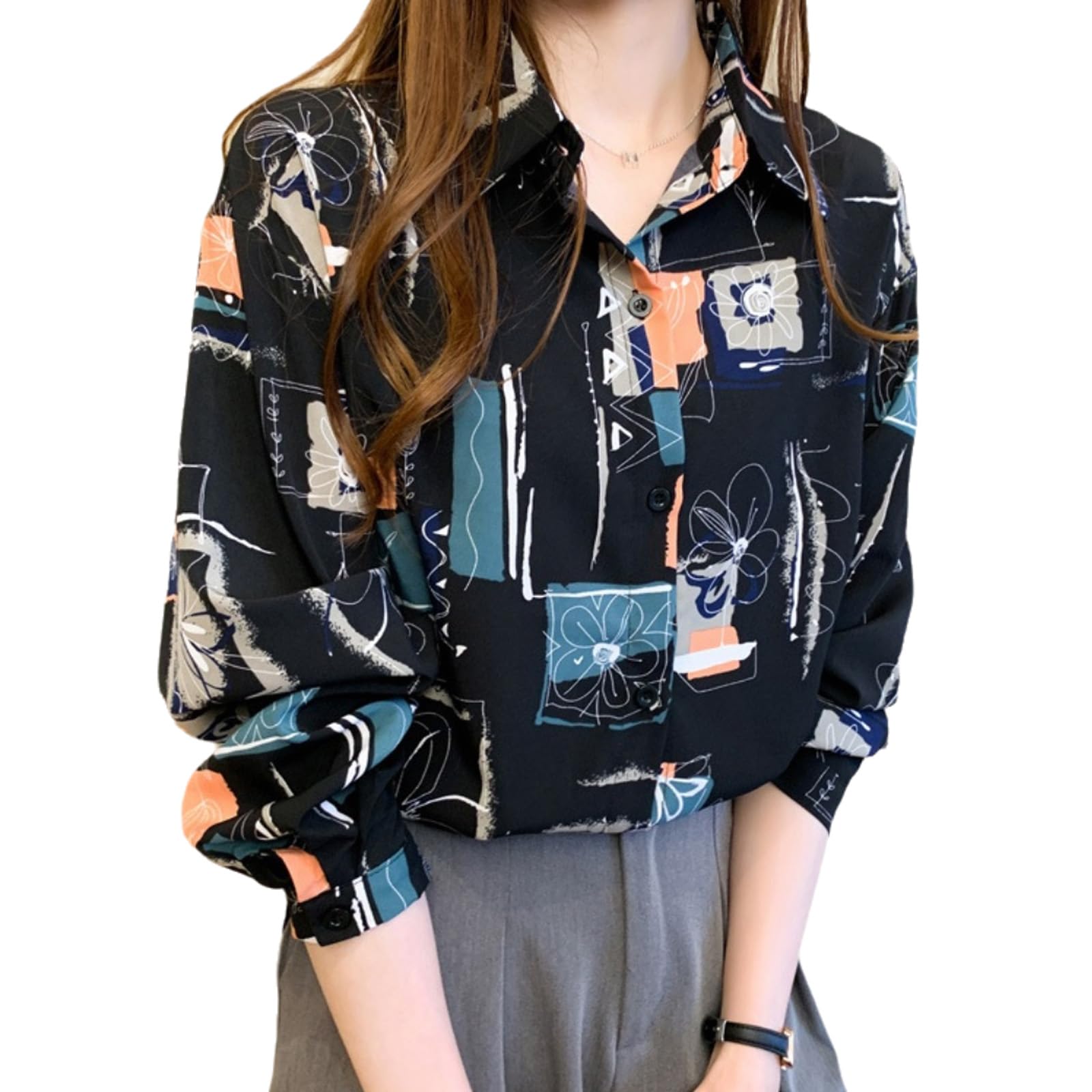 【送料無料】[Volen] 柄シャツ レディース 長袖 ブラウス 襟付き 花柄 トップス 体型カバー 着痩せ 着まわし力 ゆったり エレガント おしゃれ 色：ブラック、サイズ：2XL