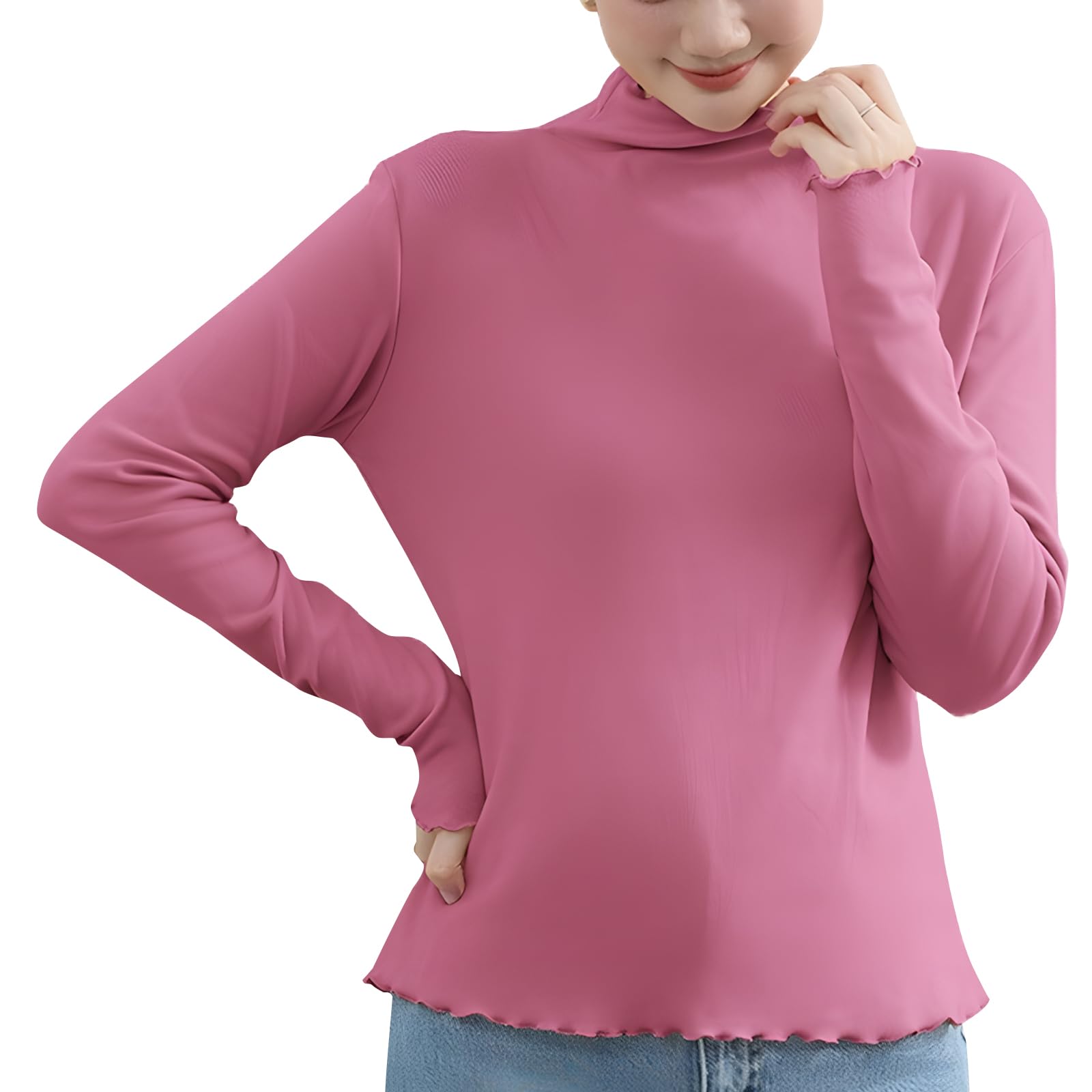 【送料無料】[inotenka] ハイネック レディース 長袖 Tシャツ トップス カットソー インナーシャツ タートルネック レディース 綿 防寒インナー ゆったり 着痩せ チュニック インナー 無地 高い伸縮性 防寒 暖かい 重ね着 春 秋 色：ローズ、サイズ：Free Size