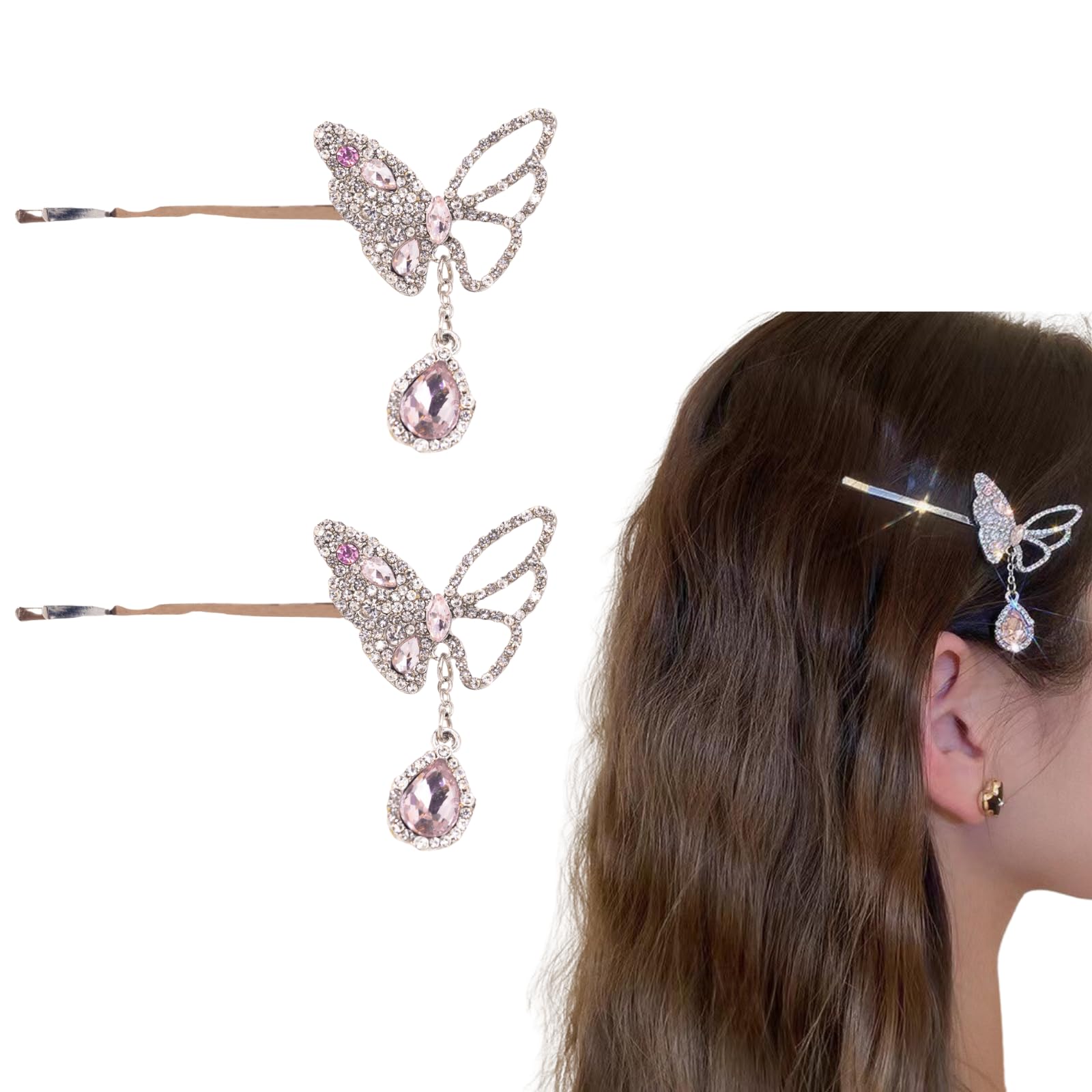 【送料無料】EZ PEACH パール キラキラと輝 ヘアピン ヘアクリップ 前髪 髪留め 髪飾り 和装 浴衣 和風 着物 ヘアアクセサリー 2点セット 色：Silver/蝶