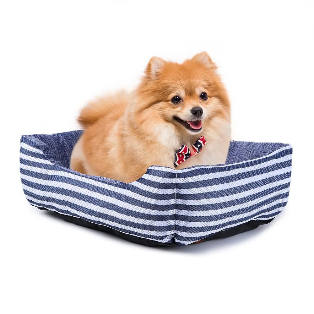 【送料無料】ペットベッド ペットソファー ペットクッション マット 犬 猫 スクエア型 洗える 冷感 ひんやり メッシュ 通気性いい ふわふわ 夏用 色：ボーダー ネイビー、サイズ：外径約：60x50x18cm