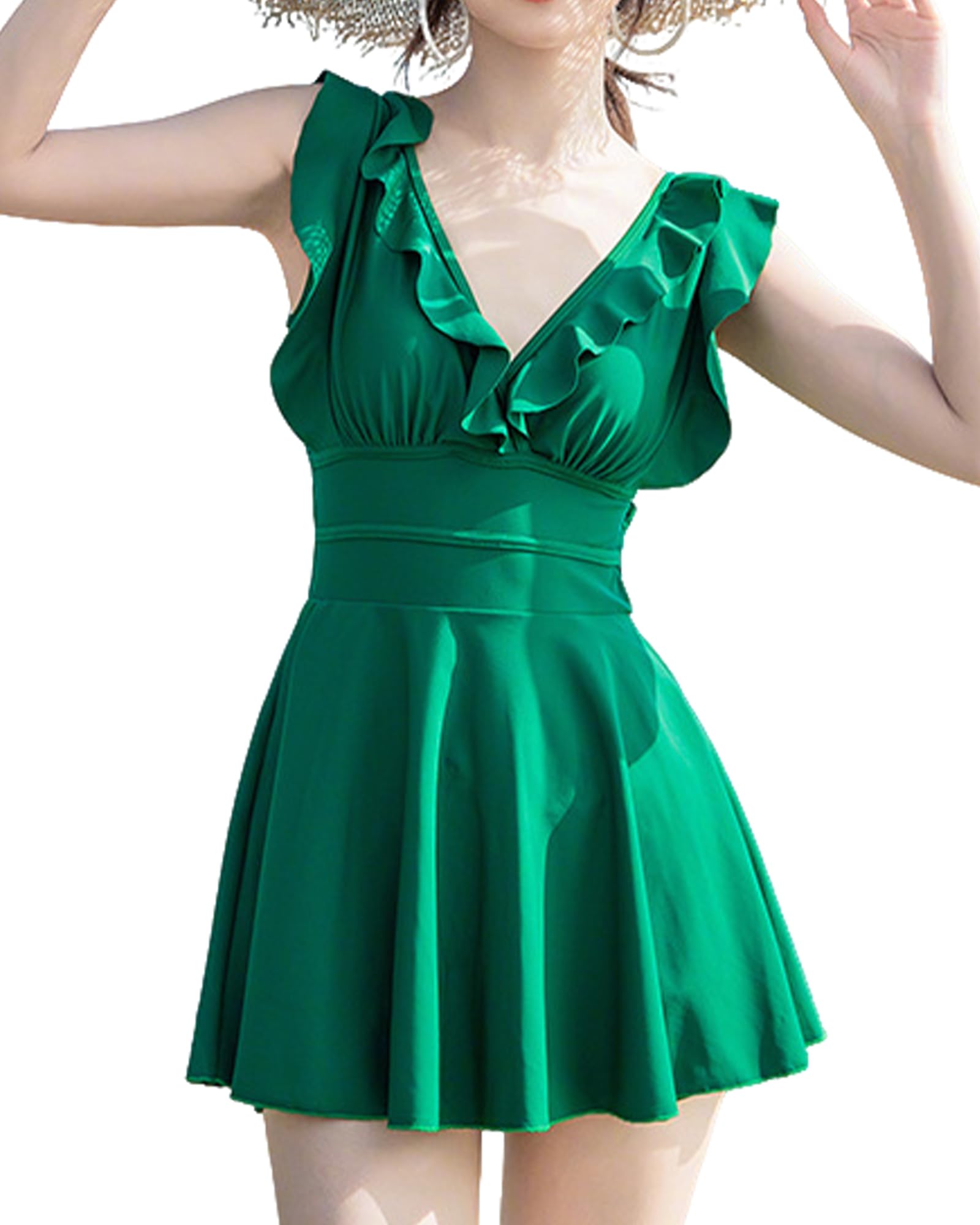 【送料無料】[Bsubseach] 水着 ワンピース レディース 体型カバー 可愛い フレア オールインワン Vネック 露出控えめ 背中開き セクシー フレアスカート パット付き 夏 無地 海 プール ビーチ 水陸両用 色：グリーン、サイズ：M SlimR