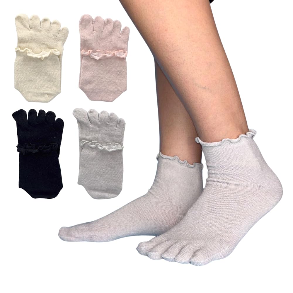 【送料無料】[NAKAMAJITA] 表糸シルク100％ 5本指 ソックス 5足セット 22-25cm レディース 色：Aカラー トップフリル、サイズ：22.0-25.0 cm