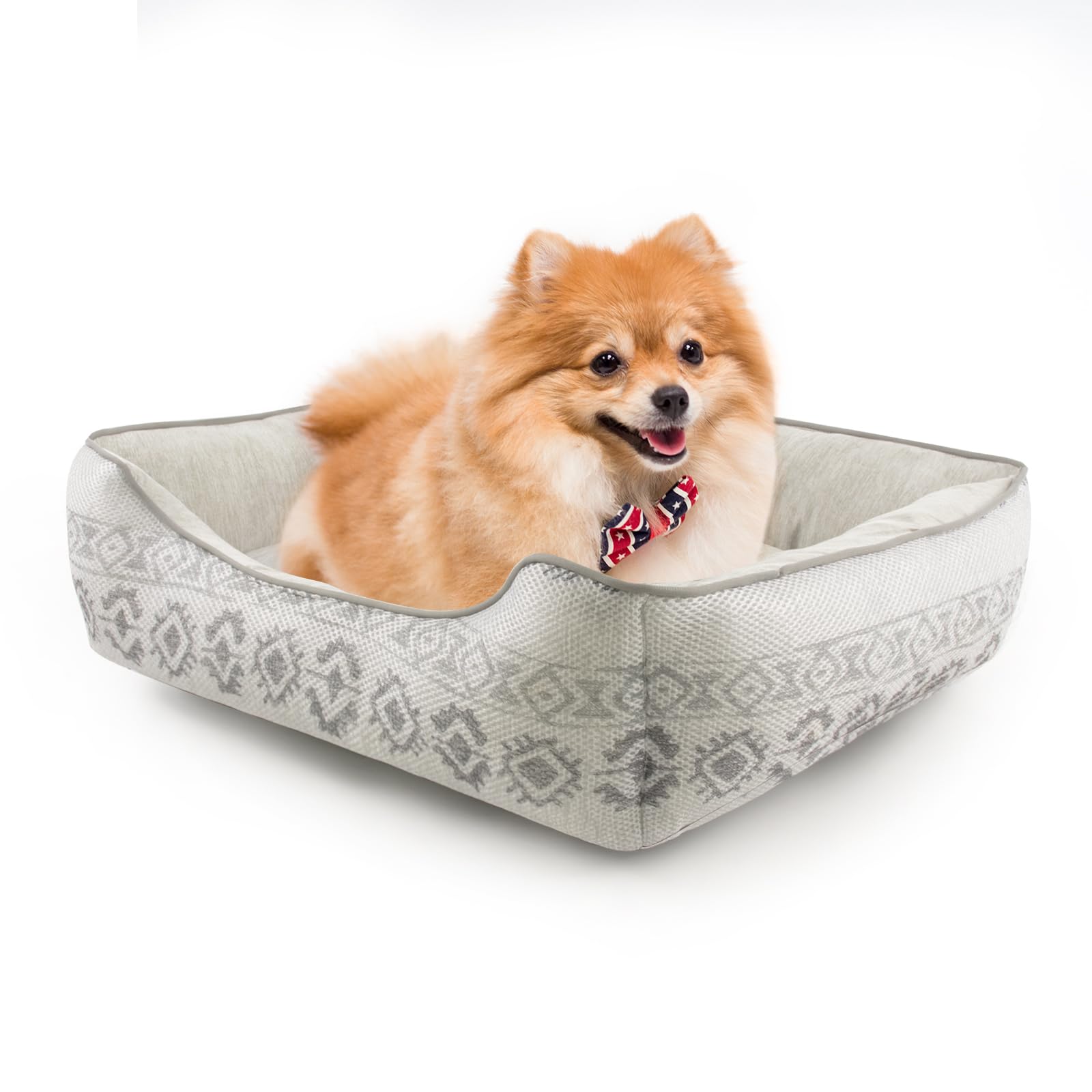 【送料無料】ペットベッド ペットソファー ペットクッション マット 犬 猫 スクエア型 洗える 冷感 ひんやり メッシュ 通気性いい ふわふわ 夏用 色：幾何 グレー、サイズ：外径約：60x50x18cm