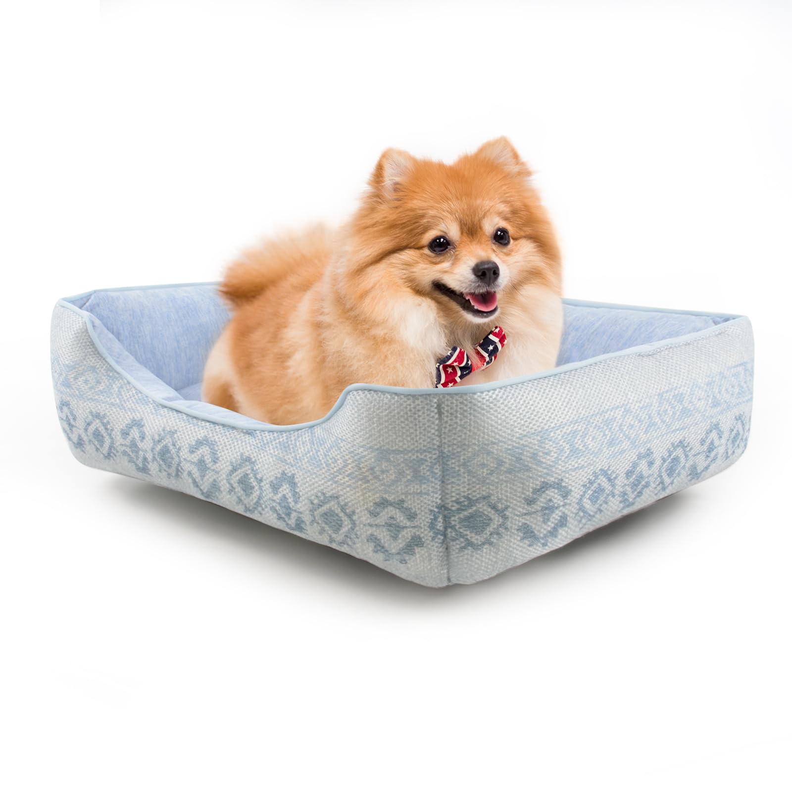 【送料無料】ペットベッド ペットソファー ペットクッション マット 犬 猫 スクエア型 洗える 冷感 ひんやり メッシュ 通気性いい ふわふわ 夏用 色：幾何 ブルー、サイズ：外径約：50x40x13cm