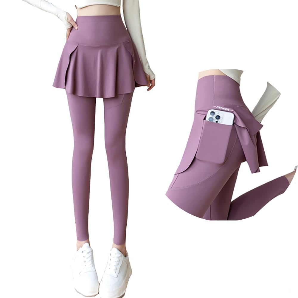 【送料無料】[Wzhiming] レディース ヨガパンツ スカート付き レギンス スコート 9分丈 スパッツ 一体型 部屋着 ジム ヨガウェア フィットネス スポーツ テニス トレーニング ハイウエスト ストレッチ 美脚 通気 速乾 色：パープル、サイズ：XL