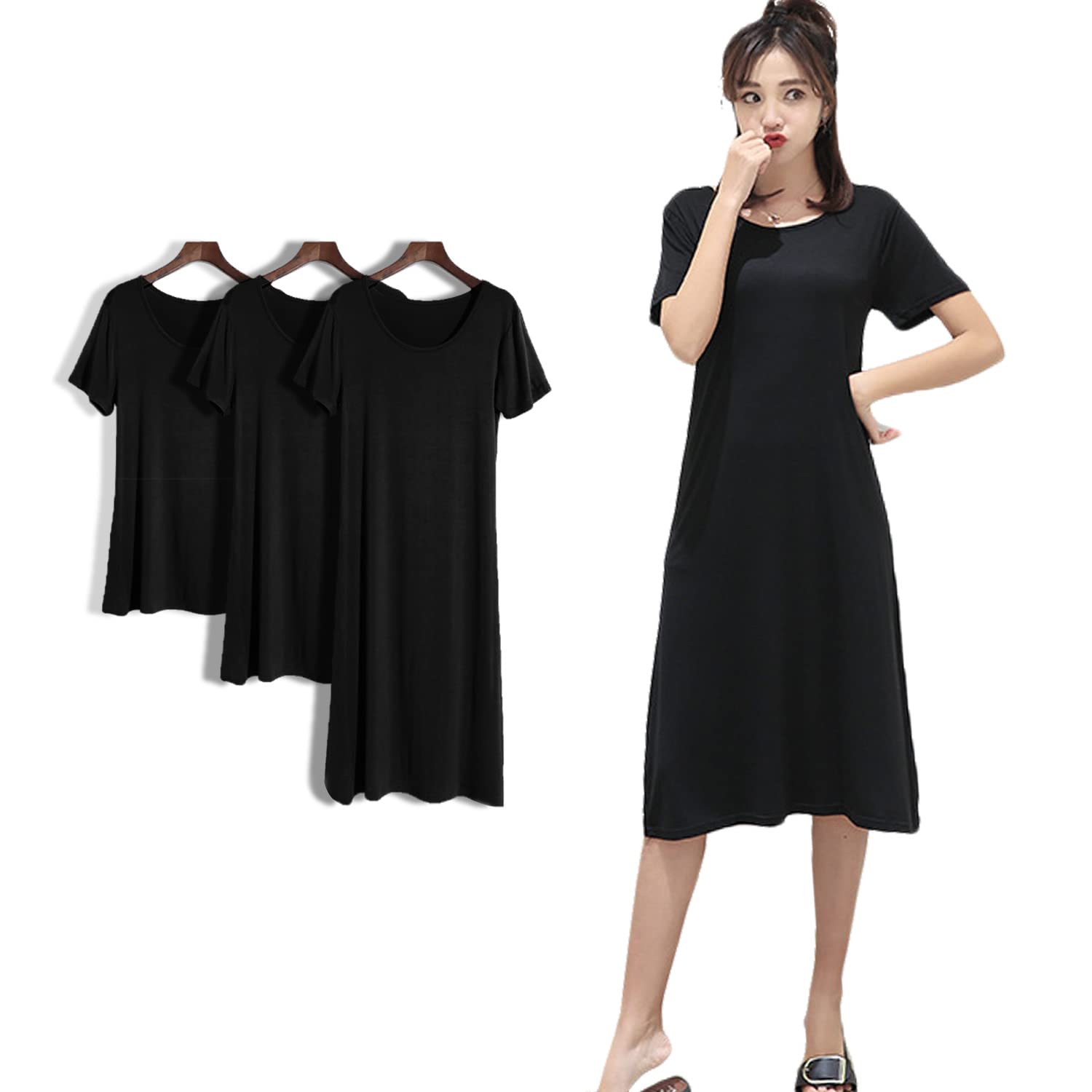 【送料無料】[§ASHE RANGEL] ASHERANGEL インナーワンピ 肌着 ワンピース ルームウェア レディース 半袖 ミニ丈80CM 透け防止 肌優しい 通気 薄手 スリップ ペチコートワンピース スリップ 下着 色：ブラック・ミモレ丈、サイズ：XL（130-160KG）