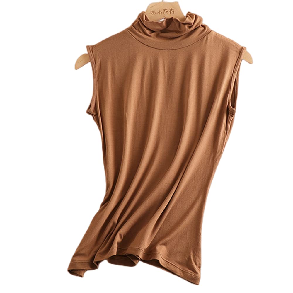 【送料無料】[KOEKOI] タンクトップ レディース ハイネック ノースリーブ カットソー トップス インナー キャミソール 大きいサイズ レイヤード 重ね着 uvカット 付け襟 タートルネック トップス 無地 伸縮性 カジュアル インナー キャミソール 色：薄手-茶、サイズ：M-L