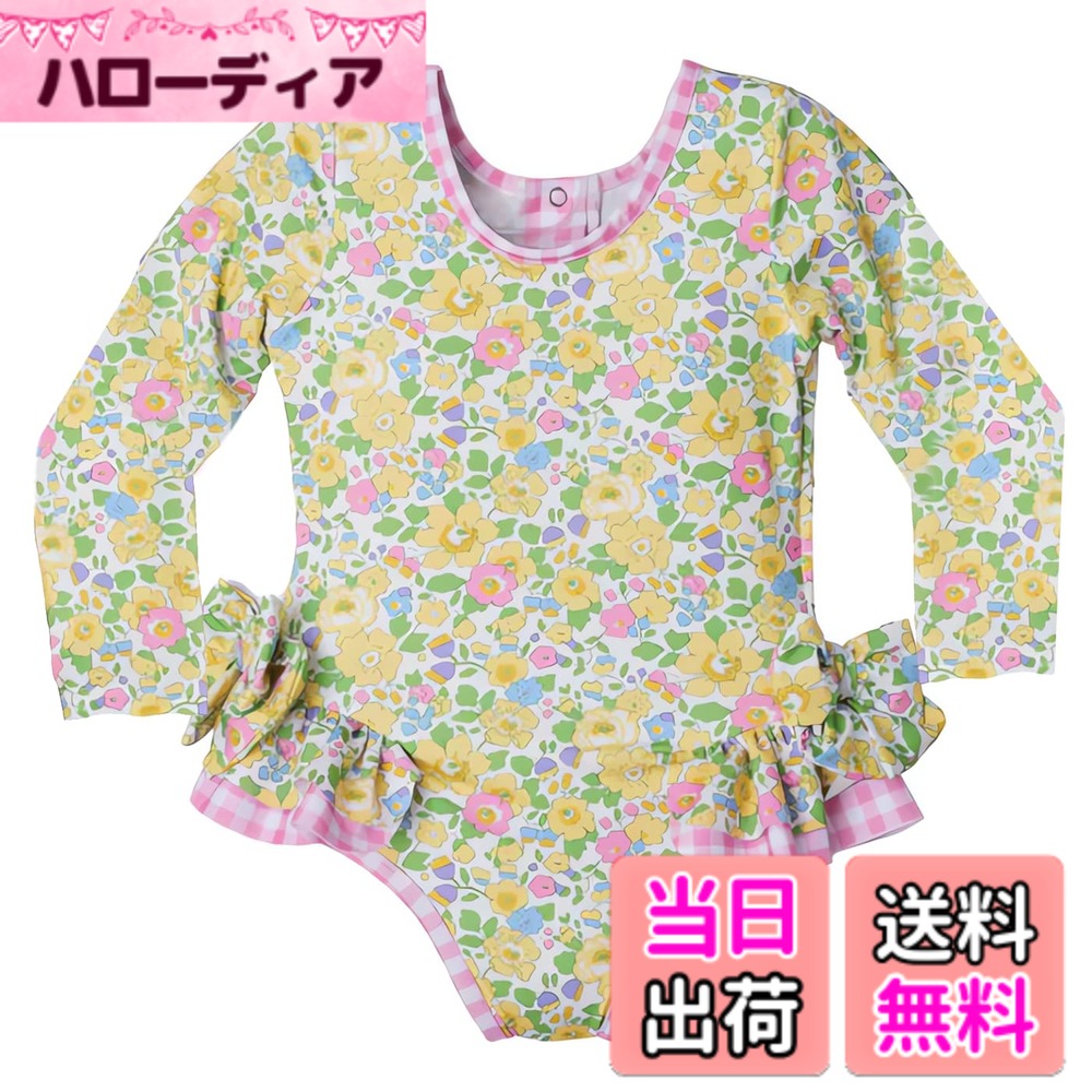 樂天商城 - 【送料無料】KALAVILA 子供 水着 女の子 ワンピース キッズ 80-130cm スイムウェア 長袖ラッシュガード 子ども用水着 オールインワン水着 幼稚園 保育園用 紫外線カット UV対策 色：2-イェロー花、サイズ：130