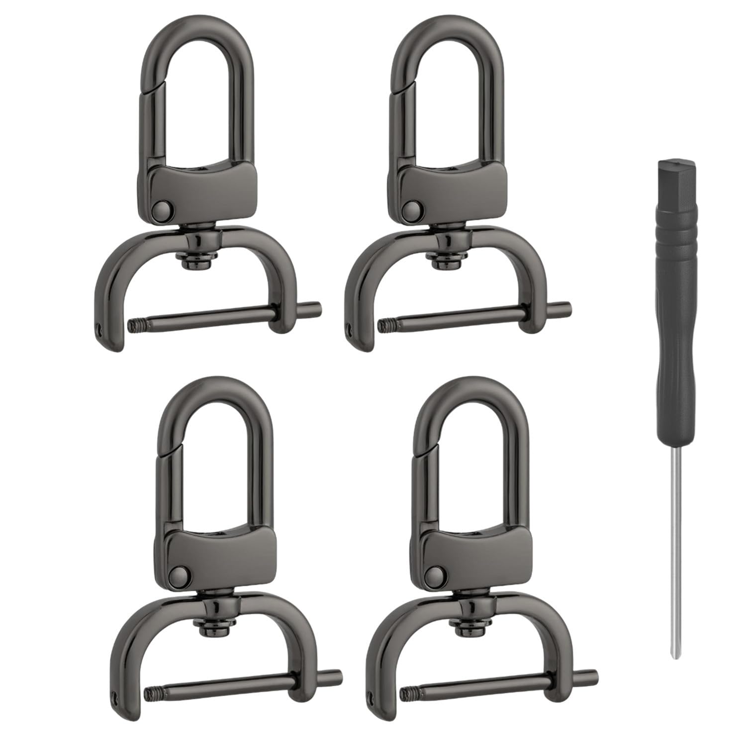 【送料無料】4個セット取り外し可能スナップフックスイベルクラスプ ドライバー付き 360°回転 DIY バッグストラップ交換用キット dカン 取り外し簡単 留め具 レザークラフト素材 ハンドメイド 材料 色：ガンメタル、サイズ：25mm