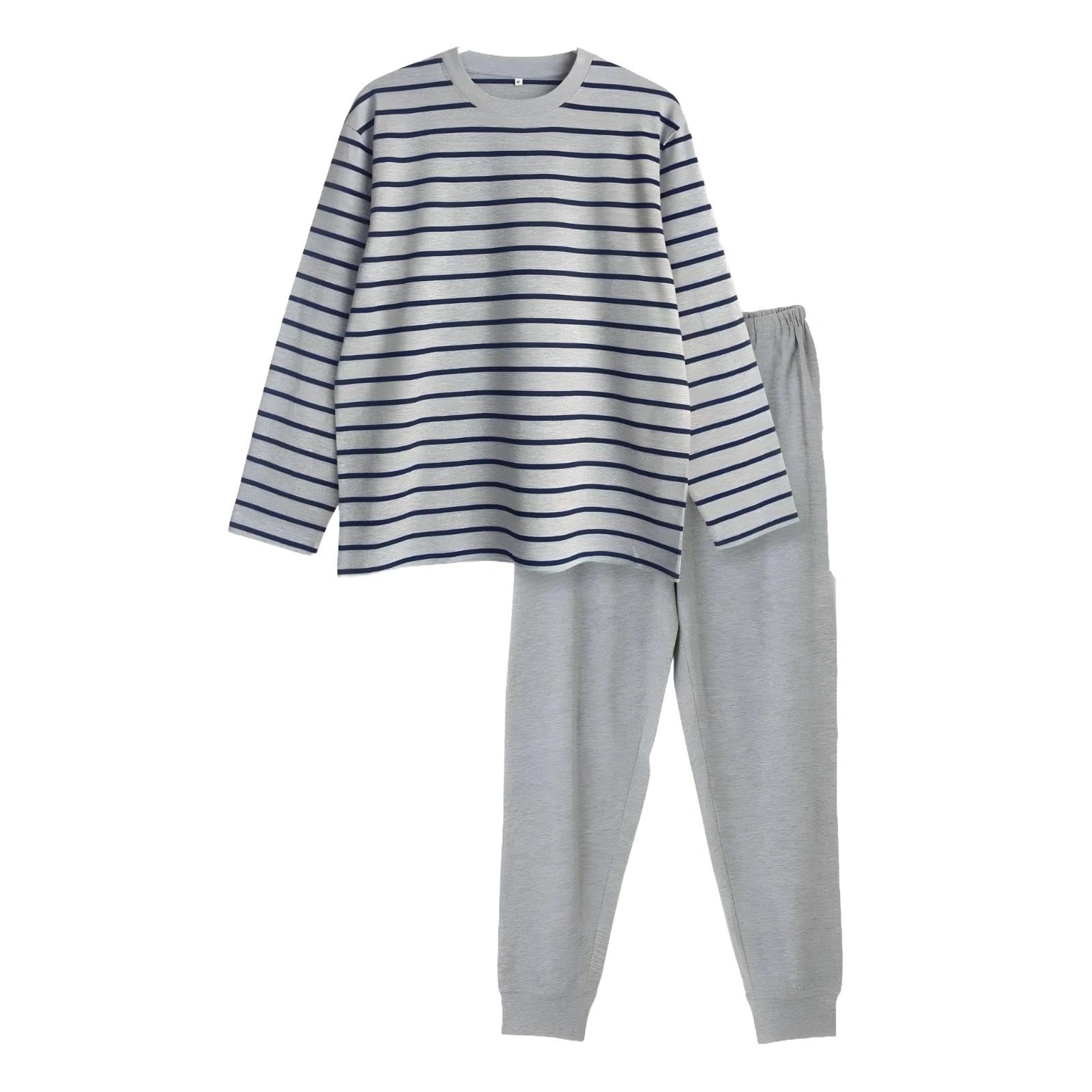 【送料無料】[Smomo] パジャマ メンズ 長袖 長ズボン 100%綿 肌に優しい 柔らかい 快適 Tシャツ素材 上下セット ルームウェア 部屋着 春夏秋用 色：グレー/ブルー、サイズ：XL