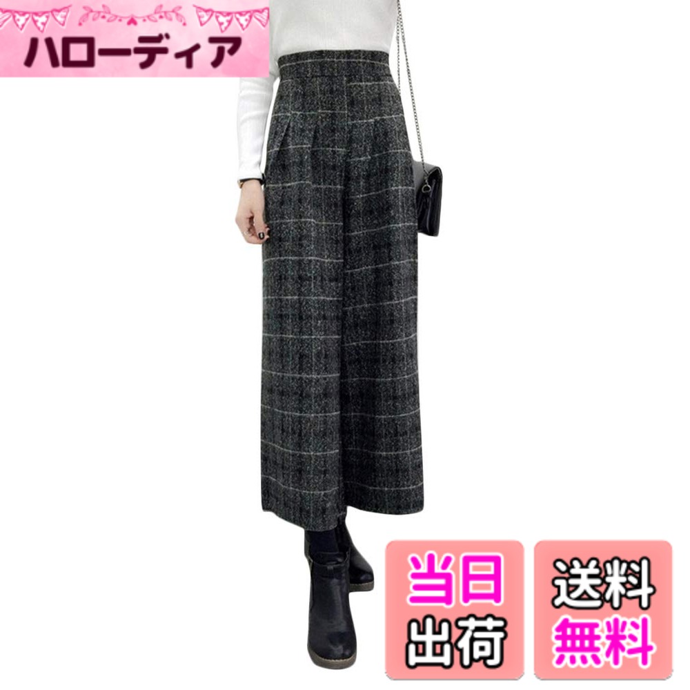 【送料無料】[Minesam] ワイドパンツ レディース 秋冬 9分丈 ガウチョパンツ ロングズボン 女性 秋服 冬服 色：#01 チェック、サイズ：M