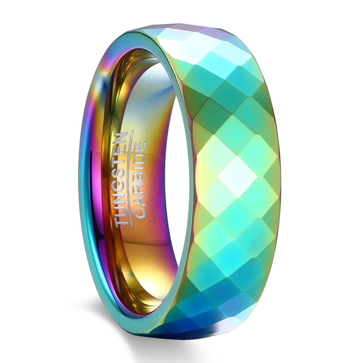 商品情報商品の説明主な仕様 1. 超人気モデルの新色バージョン 多くのお客様にご好評いただいているシリーズに、華やかなレインボーカラーが新登場。2. 多面カットが生み出す輝き 鏡面ファセットカットにより、角度によって変化する立体的な輝きが楽しめます。3. 耐久性に優れたレインボーコーティング 最先端の電着技術（PVD加工）で、色落ちしにくく長く美しさをキープ。4. 4mmと6mm、選べる2タイプ スリム派にもボリューム派にも対応。ペアアクセサリーとしてもおすすめです。5. 傷や水に強いタングステン素材 耐摩耗性に優れ、水洗いも可能。アクティブなライフスタイルにも最適です。