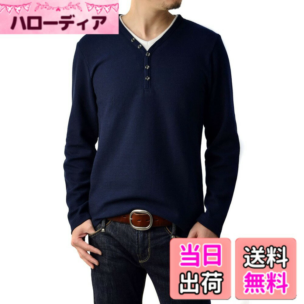 Garments - 【送料無料】[FLAG ON CREW] メンズ ワッフル Yヘンリーネック ロングTシャツ 長袖 Tシャツ / B2X 色：ネイビー、サイズ：L