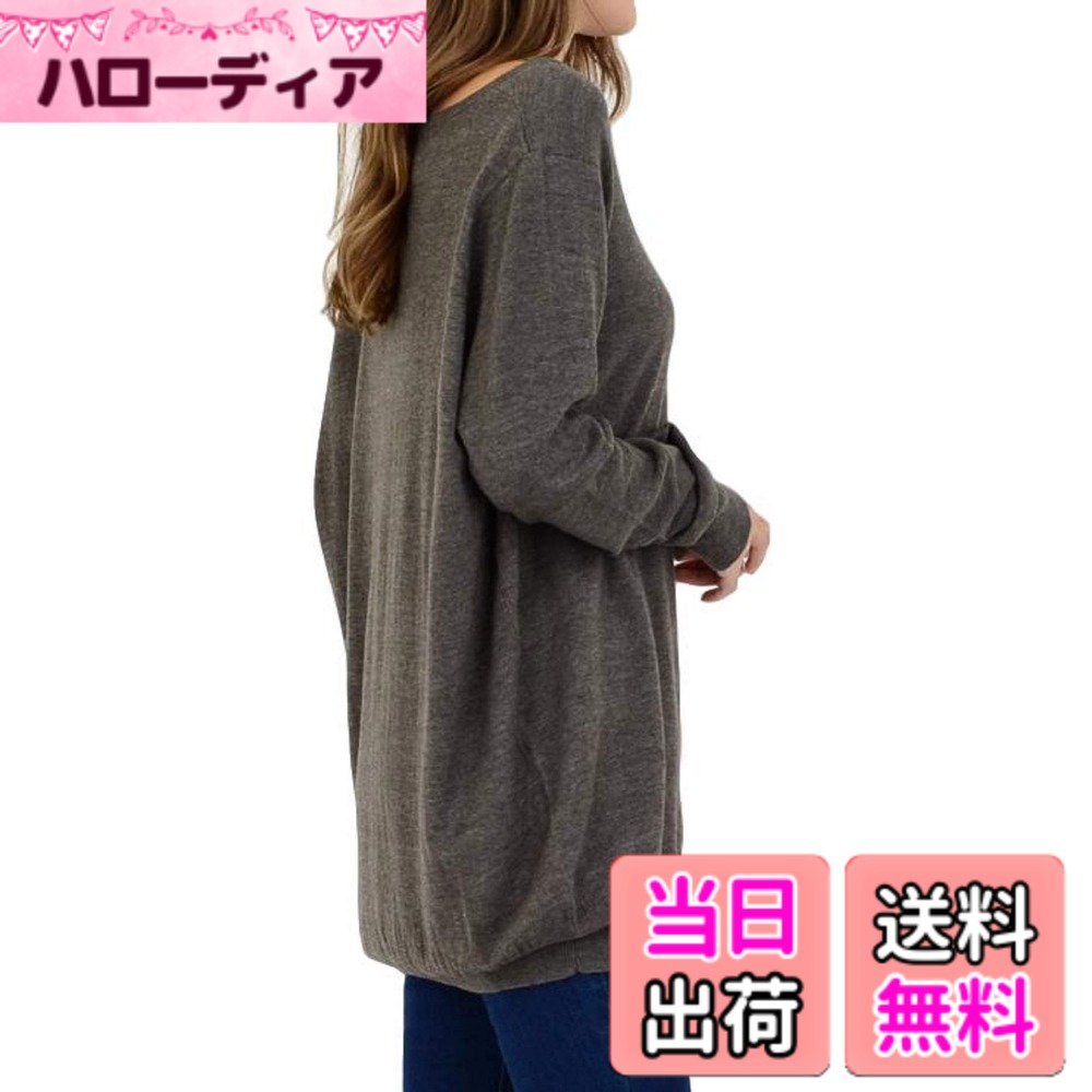 乐天商城 - 【送料無料】[スリーピングシープ]ゆったり ちょいなが Vネック コットン ニット 無地 ロング セーター チュニック 大きいサイズ レディース 色：チャコール、サイズ：M-L