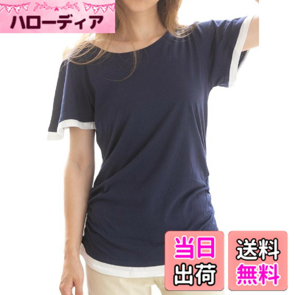 樂天商城 - 【送料無料】[スリーピングシープ] これ1枚で重ね着風 サイドシャーリング フレア袖 フェイク レイヤード 半袖 Tシャツ カットソー 大きいサイズ M ~ 4L 色：ネイビー、サイズ：L
