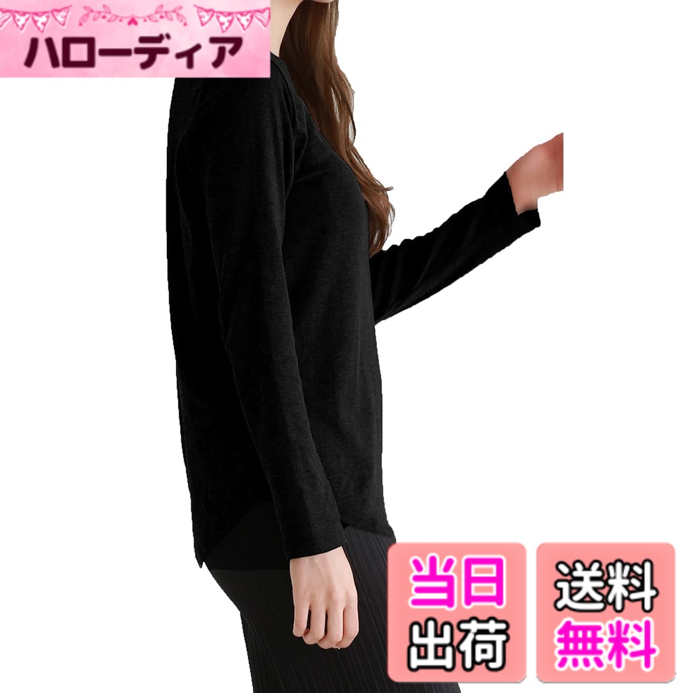 【送料無料】[スリーピングシープ] 2タイプ ネックデザイン ボートネック クルーネック コットン 快適 長袖 Tシャツ カットソー レディース 色：j.ブラック(ボートネック)、サイズ：M