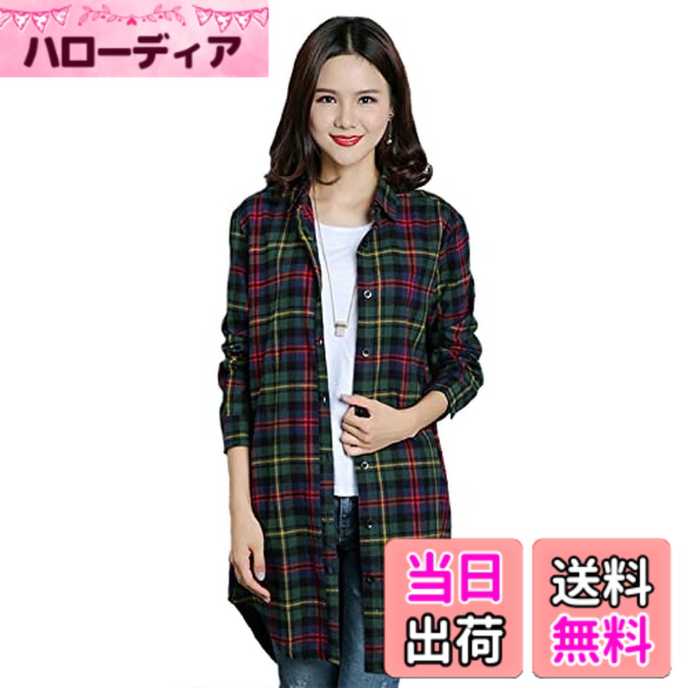 Other - 【送料無料】[Yihome] チェック ロング オーバー シャツ チェック柄 長袖 シャツ レディース シャツ 10色展開！ 色：グリーン3、サイズ：L