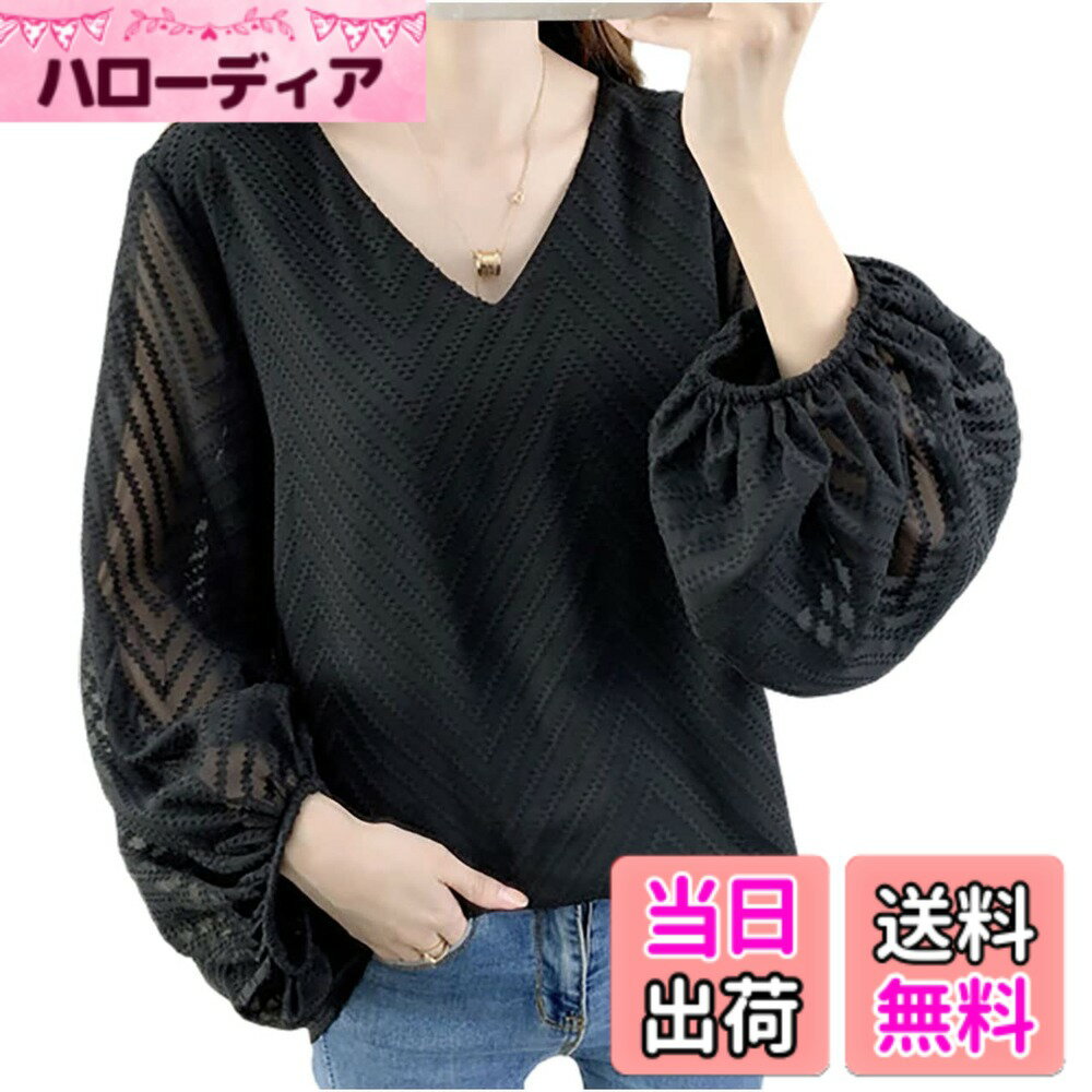 【送料無料】[エムエルーセ] バルーン袖 シフォン ブラウス ゆったり トップス 長袖 Vネック 春 夏 秋 レディース 色：ブラック、サイズ：2XL