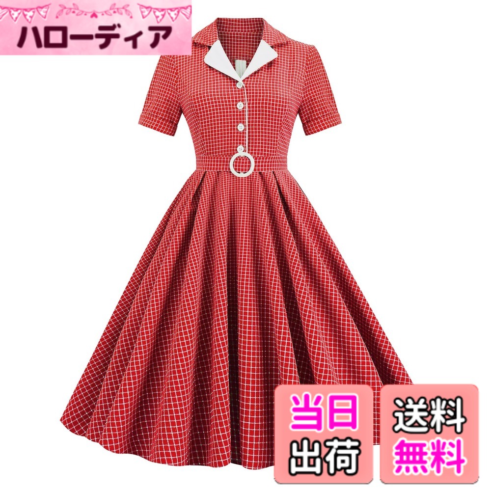 【送料無料】Dresstell(ドレステル)ロカビリードレス 50年代 レトロワンピース 半袖 Aライン 膝丈 結婚式 パーティー 通勤 通学 カジュアル 可愛い 春夏 スイングワンピース レディース ファッション きれいめ 色：レッド柄 サイズ：XL