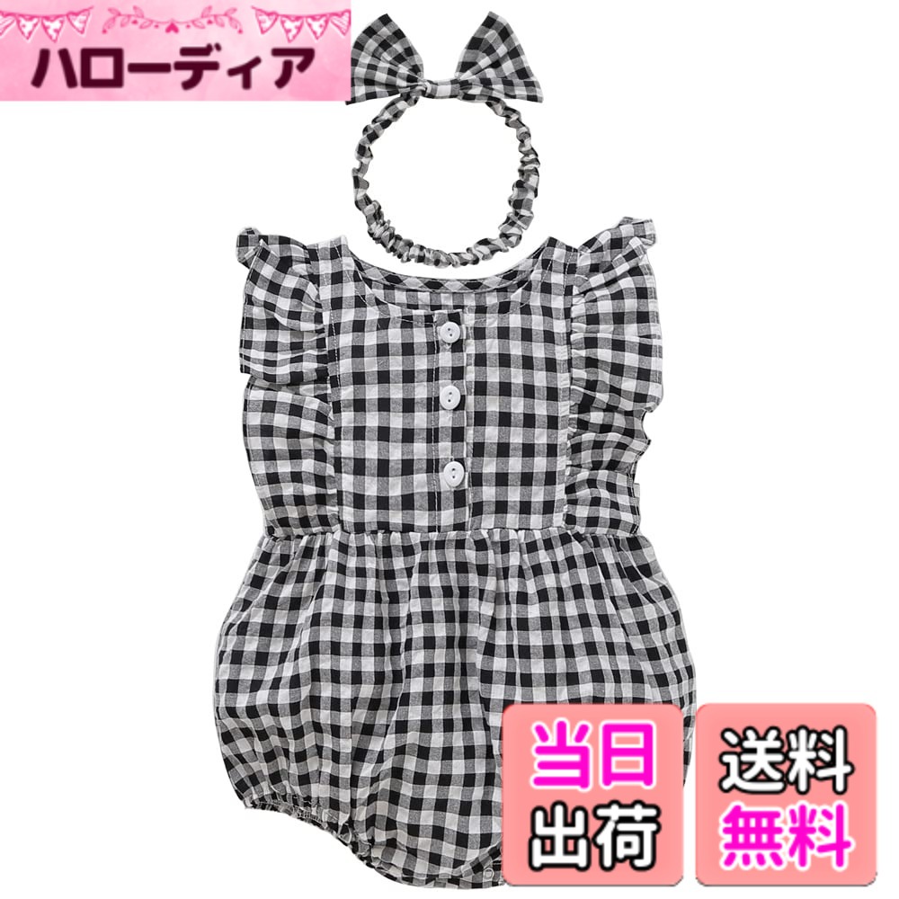 【送料無料】[Reegoo Peter] ロンパース ボディースーツ 女の子 ヘアバンド付き ノースリーブ ベビー服 通園 通学 可愛い 綿100％ チェック柄 66 73 80 90 色：ブラック、サイズ：90cm 18-24ヶ月
