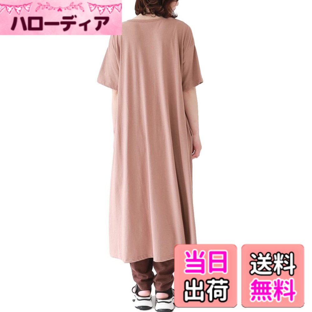 【送料無料】[スリーピングシープ]着るだけで楽ちん ポケット付き ロング Tシャツ ワンピース Vネック コットン Aライン 大きいサイズ レディース 色：モカ、サイズ：M