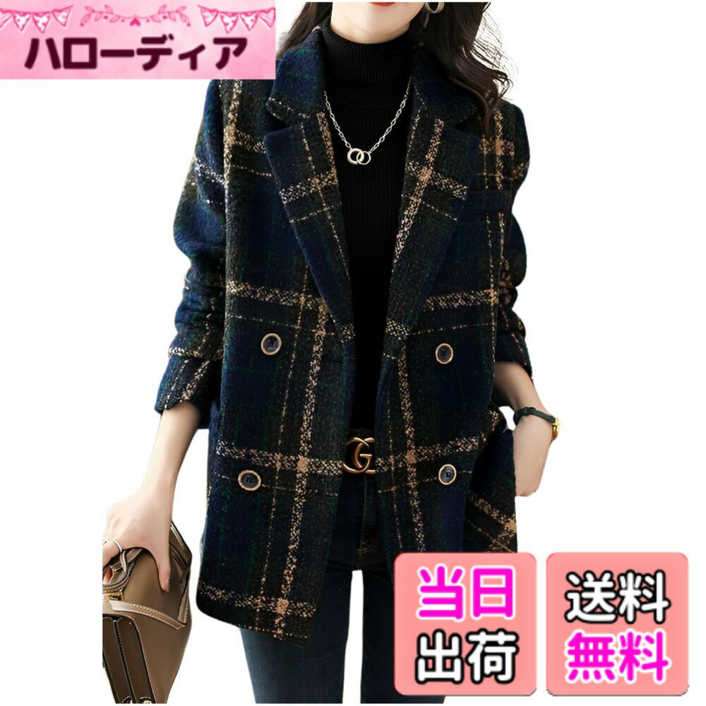 Jacket - 【送料無料】[グリーンティー] チェックコート チェック柄コート ジャケットコート Pコート レディース 色：ネイビー、サイズ：L