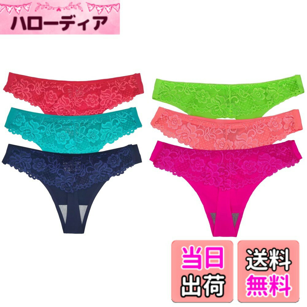 【送料無料】[Aokbok] レディース レース tバック セクシー ショーツ 見せパン 下着 透け 3枚 6枚 セット 色：蛍光オレンジ1枚*蛍光ローズ1枚*蛍光グリーン1枚，スイカレッド1枚*ブルー1枚*ネイビー1枚、サイズ：Free Size