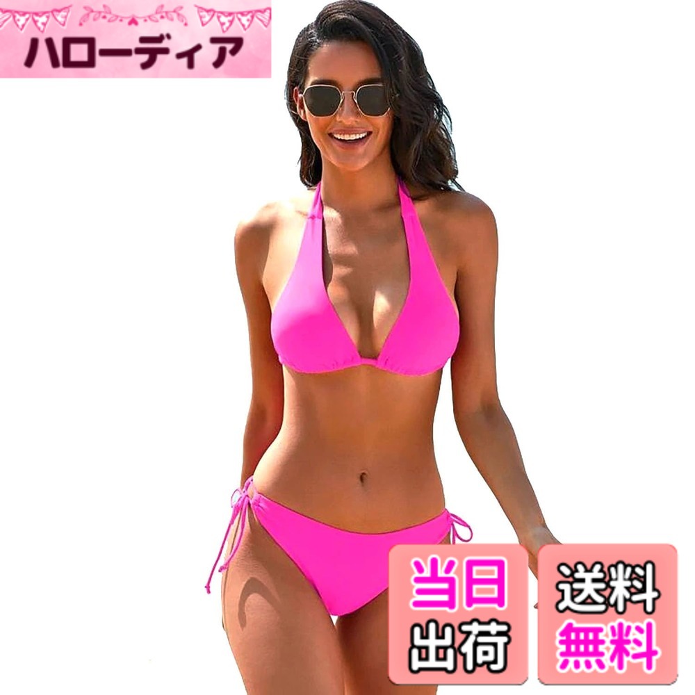【送料無料】[Wzhiming] レディース 水着 ビキニ水着 2点セット ビキニセット 女性用水着 海水浴 温泉 水泳 色：ネオンローズ、サイズ：M