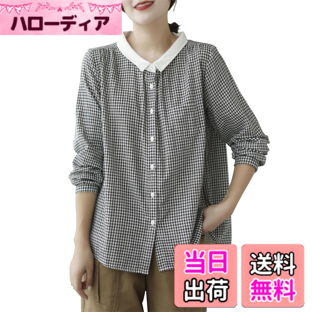 Other - 【送料無料】[Hanmall] ダブルガーゼシャツ 綿100% コットン シャツ ブラウス レディース チェック柄 長袖 トップス 夏 カジュアル シンプル 上品 柔らかい 無地 柔軟 通勤 日常 春 夏 秋 JET103 色：ブラック、サイズ：L