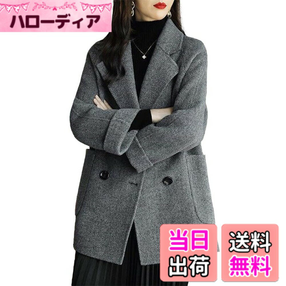 【送料無料】チェスターコート 厚手の綿コート レディース ダブルブレスト アウター コート シンプル 無地 防寒 大きいサイズ あったか 無地 ハーフ丈 ピーコート 春 秋 冬 JET302 色：ブラック、サイズ：M