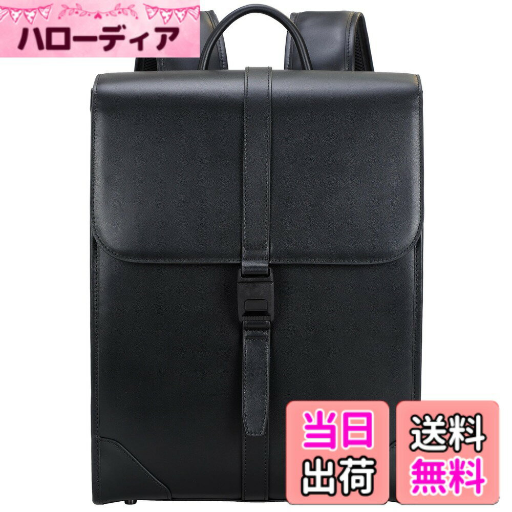 【送料無料】[Masa Kawa] 雅革 ランドセル風 リュック メンズ 本革 ビジネスリュック レザー 大容量 14インチ PCバックバック 底鋲付き YKKファスナー使用 防水 カジュアル 出張 旅行 通学 通勤 リュックサック 黒 色：ブラック、サイズ：38cm*30cm*12cm