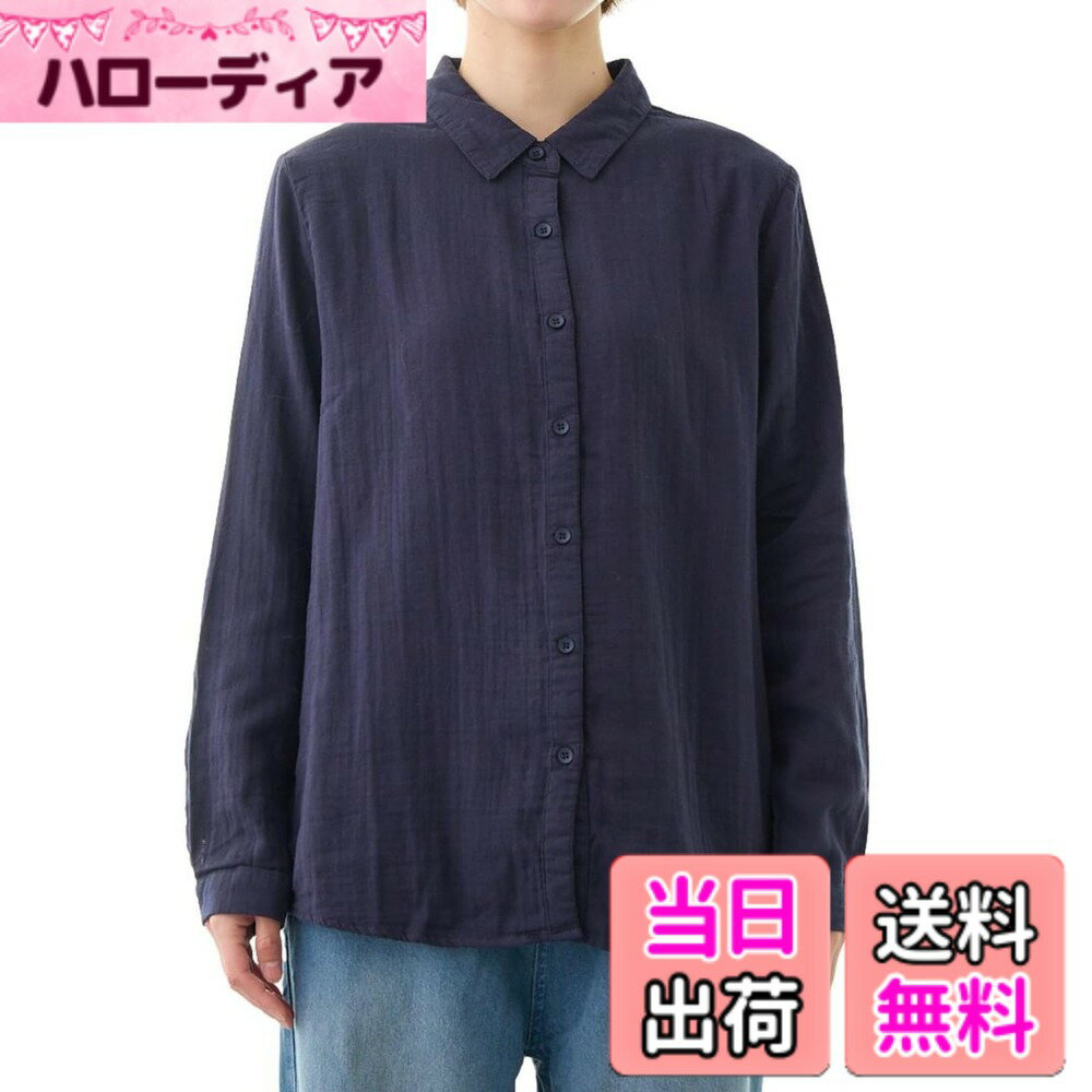 Other - 【送料無料】[スリーピング シープ] ふんわり 優しい 柔らかさ ダブルガーゼ レディース 襟付き 長袖 ブラウス コットン100% 上品 きちんと見え 通勤 シャツ オフィス カジュアル トップス 色：ネイビー、サイズ：XL