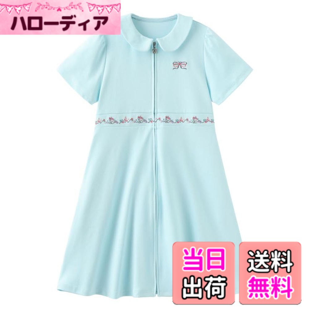 【送料無料】[FairyMary] フェアリーマーリー 子供 キッズ ジュニア 半袖 ジップアップ 前開き ワンピース ベルト刺繍 バレエ レッスン着 パーカーワンピース 110 120 130 140 色：グリーン、サイズ：140