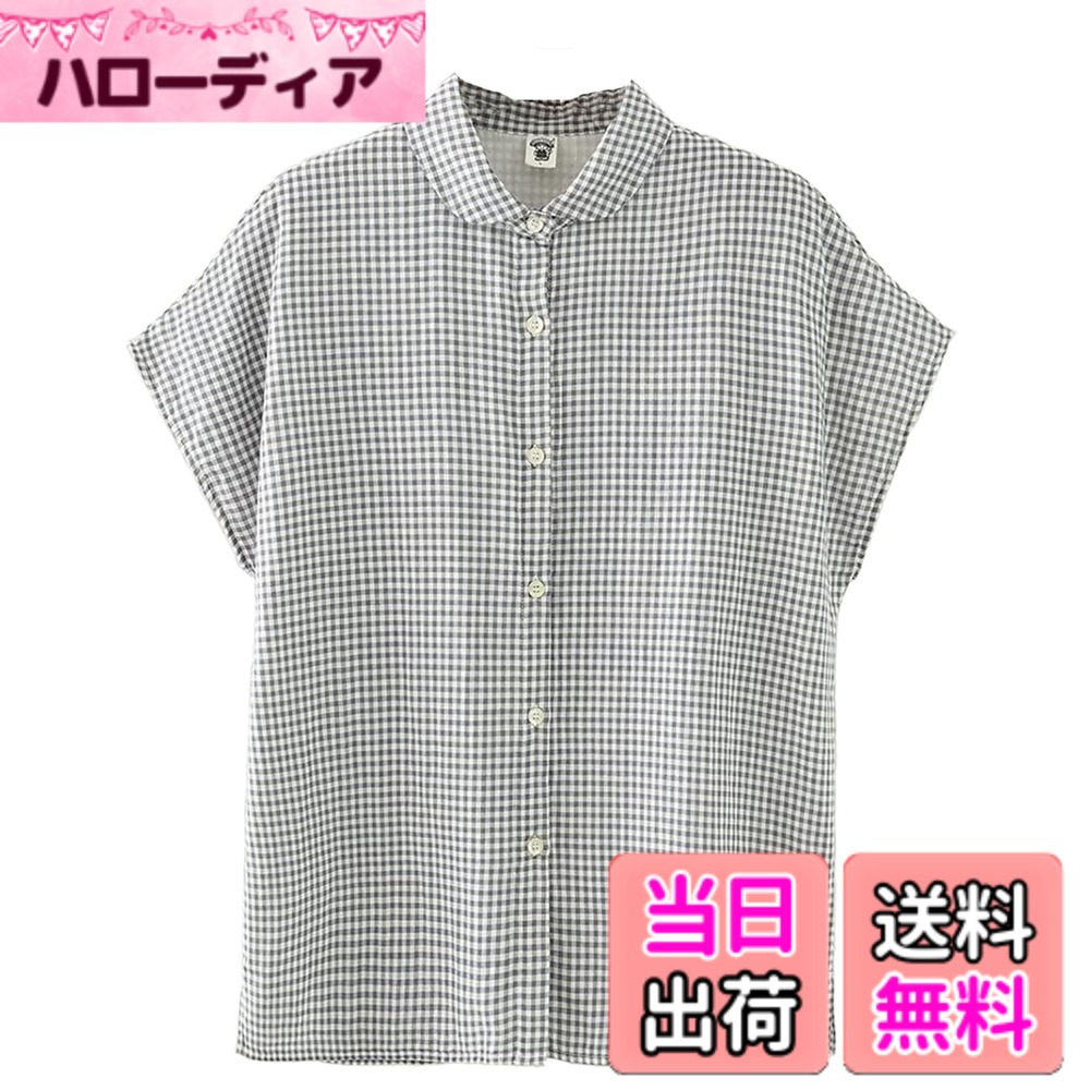 【送料無料】[Hanmall] 綿麻シャツ 綿麻ブラウス シャツ 夏 半袖 レディース トップス ブラウス 透け感 無地 シンプル ベーシック ホワイト色 ストライプ柄 通勤 通学 色：ブルー、サイズ：M