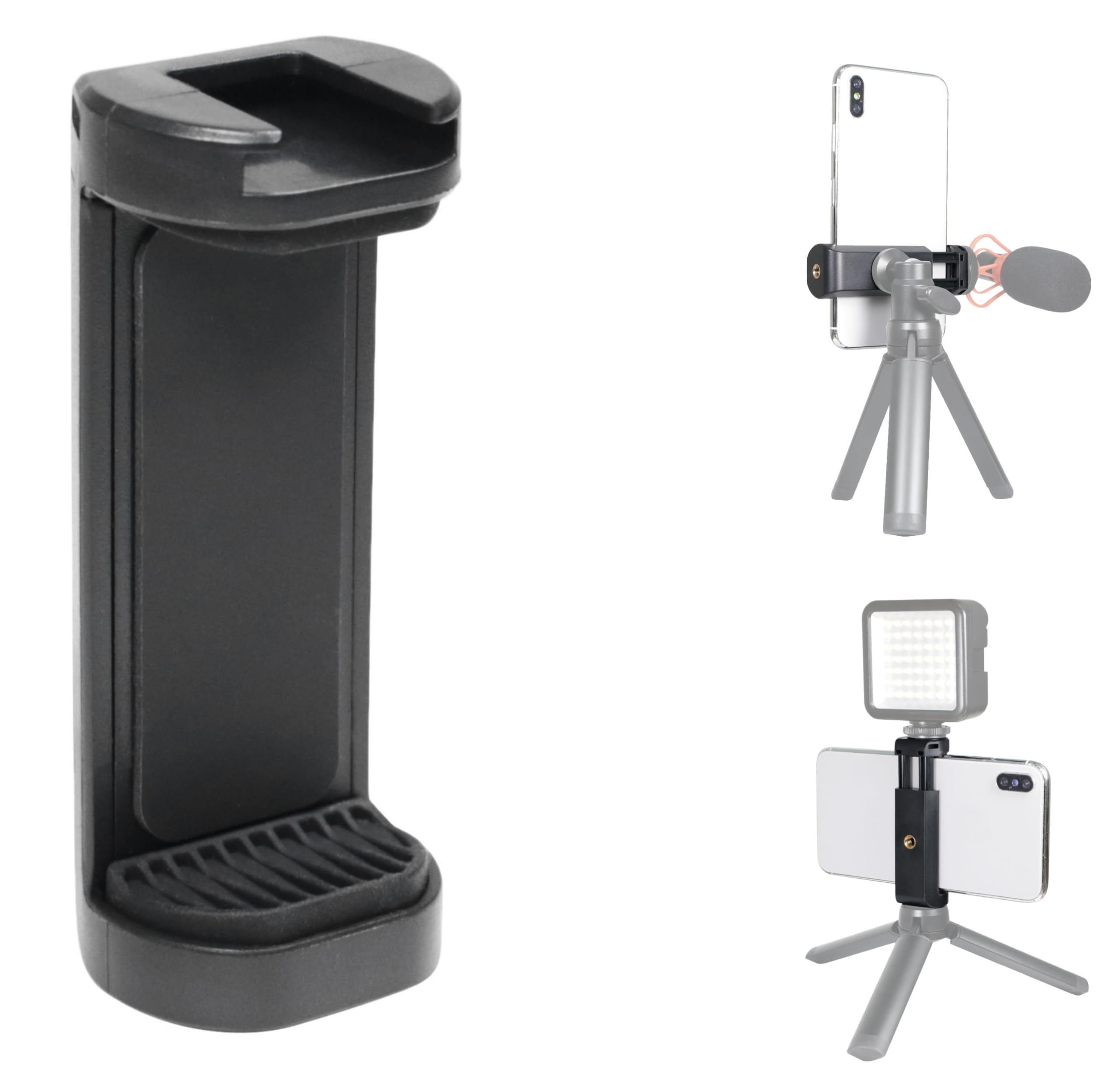 【送料無料】スマホホルダー 1/4インチ 三脚 一脚 撮影グリップ セルカ棒 対応 スマホ マウント アタッチメント トライポッド アダプター クリップ 固定 スタンド 2Way スマートフォン ホルダー 色：ベーシック ブラック（黒・無地）