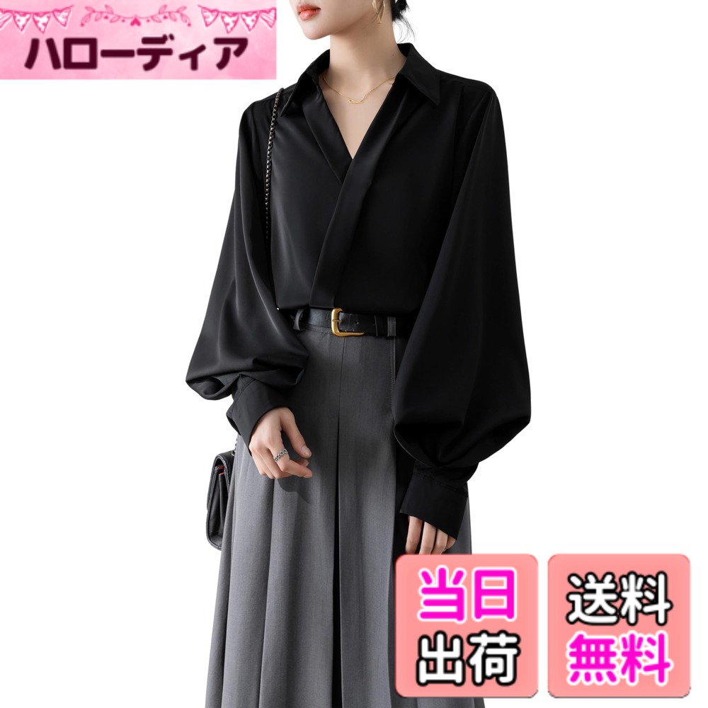 Other - 【送料無料】[Hanmall] シャツ ブラウス レディース パフスリーブ Vネック 長袖 エレガント 着痩せ 着回し力高い 女性らしい おしゃれ カジュアル トップス オフィス 春 秋 白 色：ブラック、サイズ：M