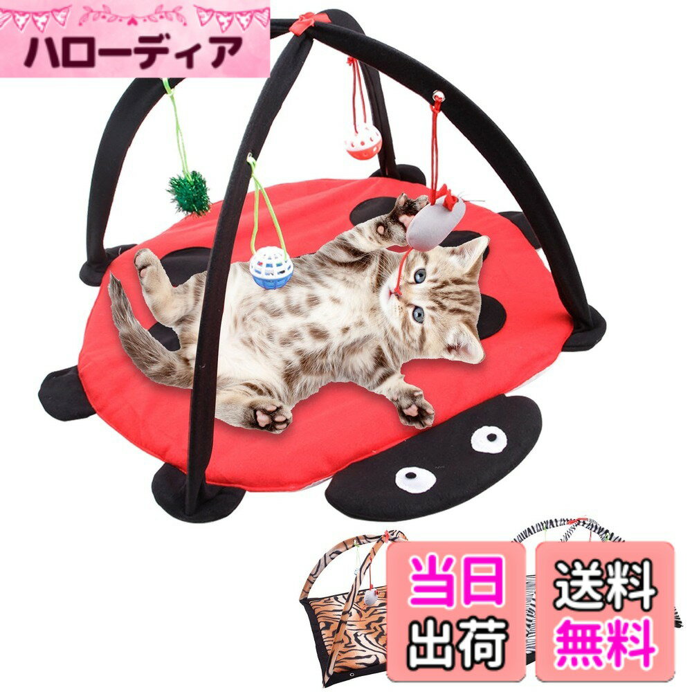 【送料無料】CANPLUS 猫 2in1 玩具 インタラクティブおもちゃ 猫じゃらし 吊り上げ ボール ネズミ マット クッション ベッド 折りたたみ式 軽量 滑り止め 猫寝床 猫用品 ペット用品 子猫 一人遊び 運動不足 トレーニング 不安分離症解消 ストレス解消 色：てんとう虫柄