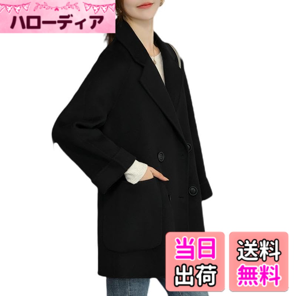 【送料無料】チェスターコート 厚手の綿コート レディース ダブルブレスト アウター コート シンプル 無地 防寒 大きいサイズ あったか 無地 ハーフ丈 ピーコート 春 秋 冬 JET302 色：ブラック2、サイズ：2XL