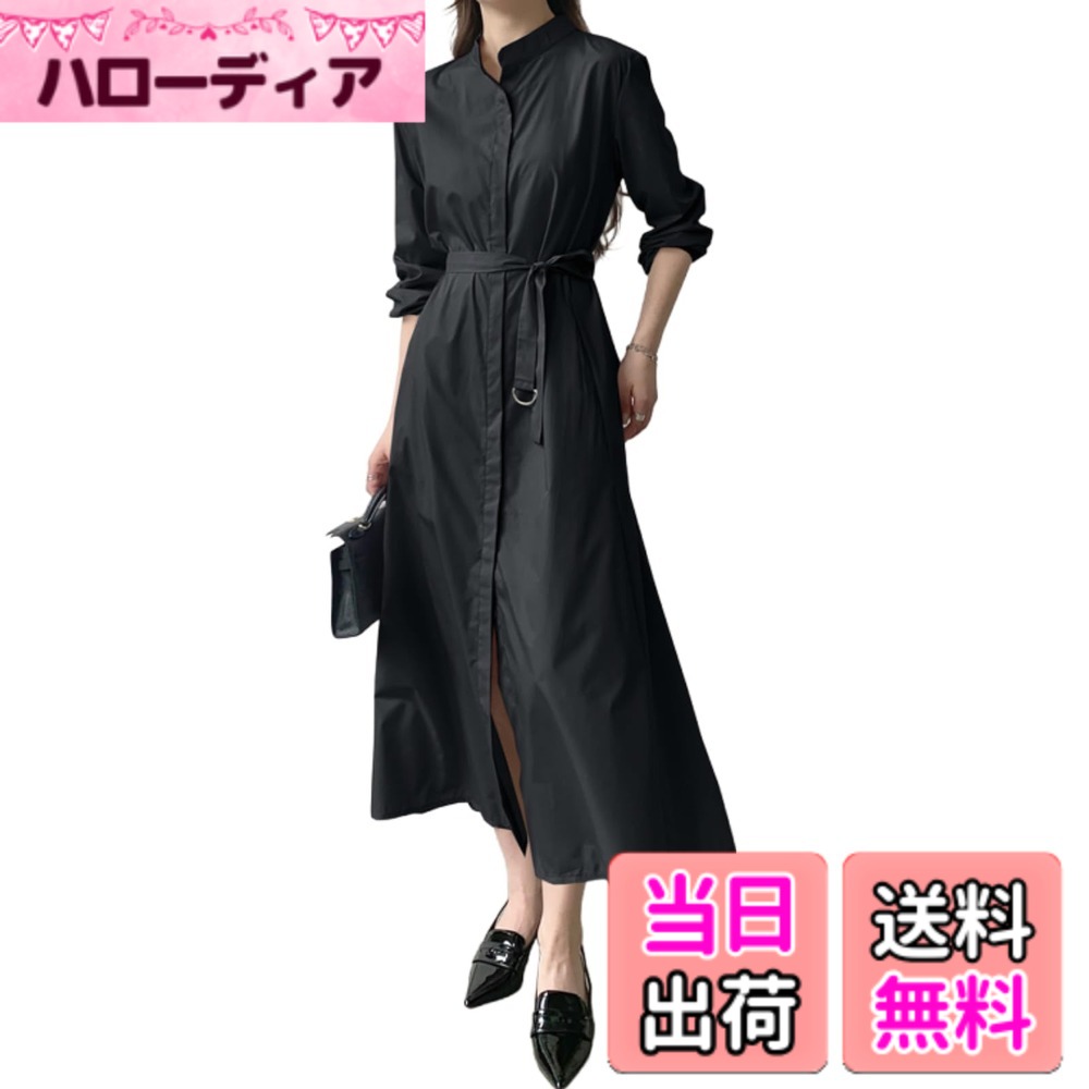 【送料無料】[JINJUDUO] ワンピース レディース レースアップドレス シャツドレス マキシ丈 100%コットン Aライン ゆったり ポケット付き 春 夏 秋 カジュアル 通勤 旅行 無地 色：ブラック、サイズ：M