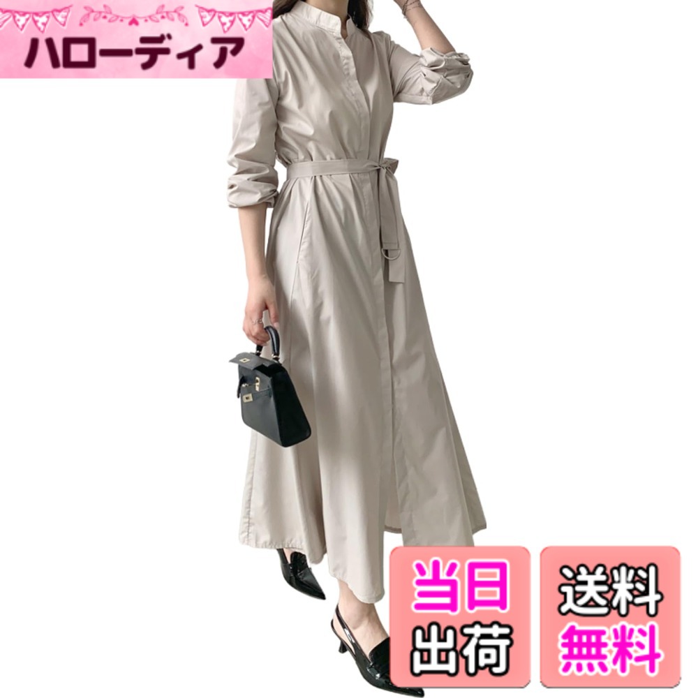 【送料無料】[JINJUDUO] ワンピース レディース レースアップドレス シャツドレス マキシ丈 100%コットン Aライン ゆったり ポケット付き 春 夏 秋 カジュアル 通勤 旅行 無地 色：カーキ、サイズ：XL