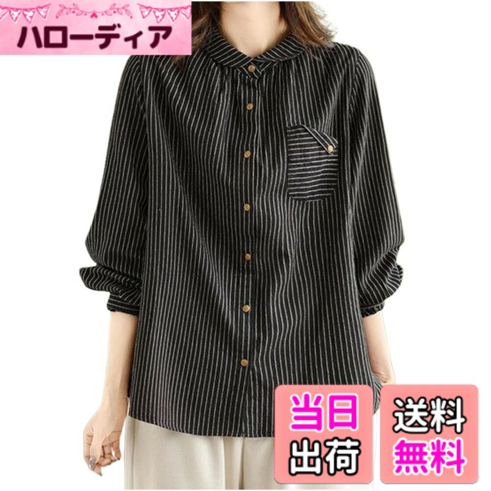 【送料無料】[エムエルーセ] シャツ ストライプ ブラウス 綿麻風 薄手 ゆったり カジュアル カフスボタン 春 夏 秋 レディース 色：ブラック、サイズ：L