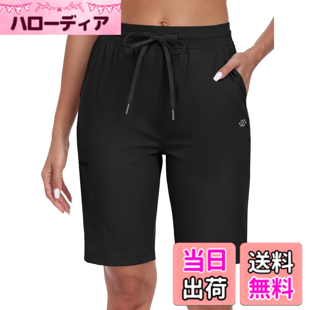 【送料無料】[YIRUIYA] ハーフパンツ レディース ショートパンツ カーゴパンツ トレッキングパンツ アウトドア ゴルフウェア 登山 スポーツ カジュアル ハイキング 撥水 ポケット付き 旅行 普段着 色：ブラック-B、サイズ：M