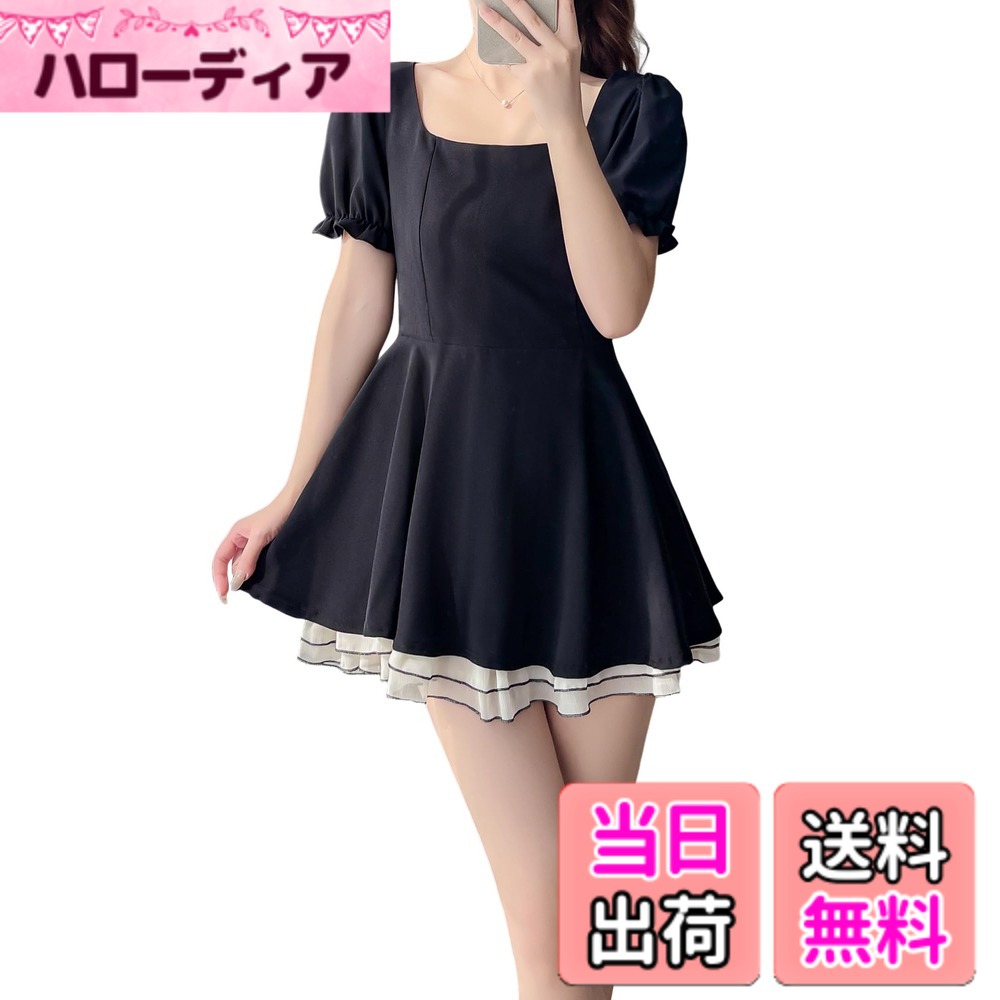 樂天商城 - 【送料無料】[Hanmall] 夏ドレス カジュアルドレス 結婚式ドレス ミニ丈 ロング丈 パフスリーブ 半袖 Aライン スクエアカラー フォーマルドレス 重ね着 レディース 大人 可愛い 春 秋 ドレス LON607 色：1ブラック、サイズ：XL