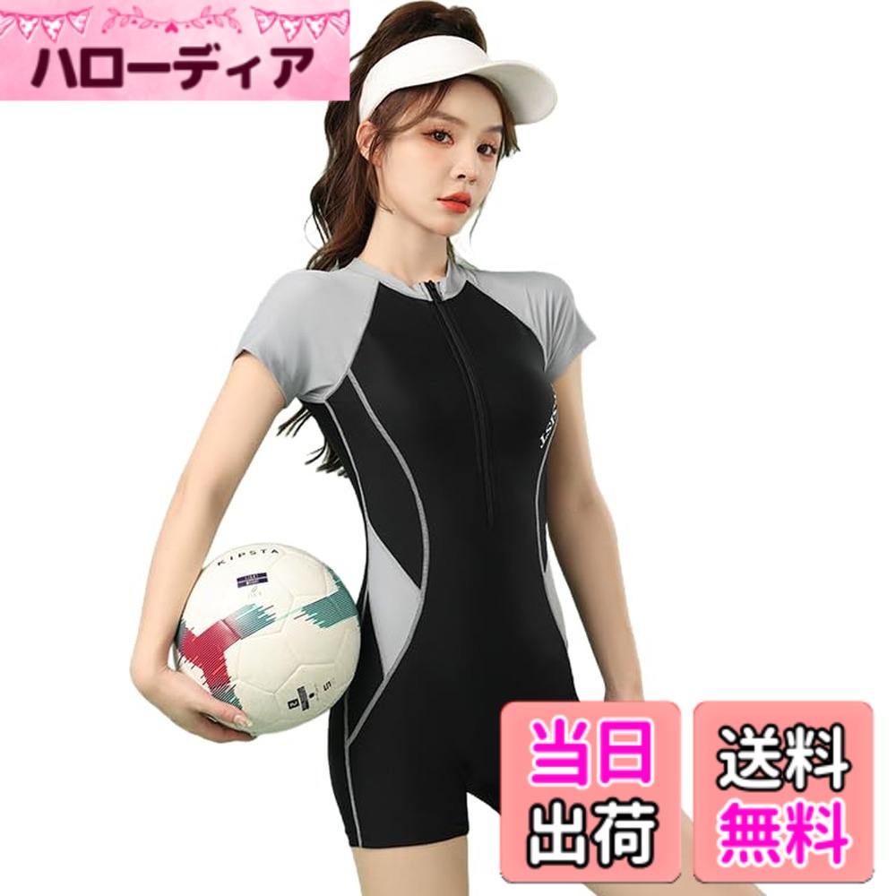 【送料無料】[JINJUDUO] 水着 レディース 体型カバー ワンピース 紫外線対策 可愛い 着痩せ パッド付き 吸汗速乾 通気性 ジム/温泉/ビーチ対応 高校生 学生 スポーツ愛好者向け（スカート/スカートない） 色：A-ダークグレー、サイズ：M