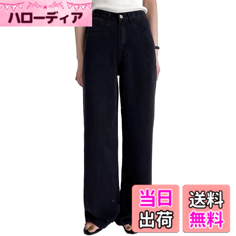 【送料無料】[スリーピング シープ] 夏に最適 冷感 ワイド デニム パンツ テンセル ジーンズ さらっと 薄手 やわらか素材 レディース 色：ブラック、サイズ：L