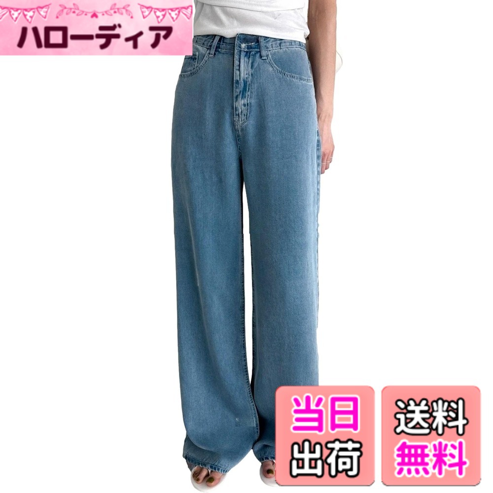 【送料無料】[スリーピング シープ] 夏に最適 冷感 ワイド デニム パンツ テンセル ジーンズ さらっと 薄手 やわらか素材 レディース 色：ブルー、サイズ：XL