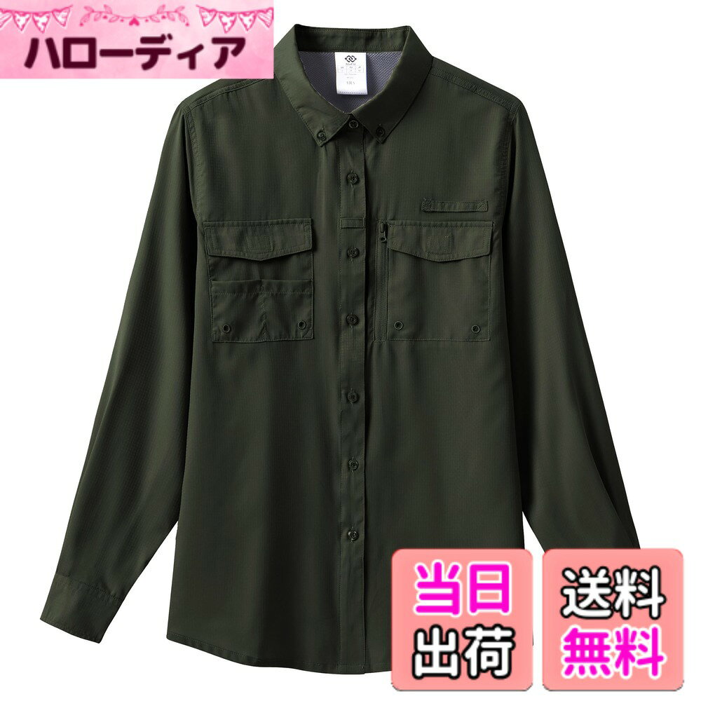 【送料無料】[MoFiz] レディース ワークシャツ 長袖 UVカット 吸汗速乾 アウトドア 釣り 作業用 女性用 軽量 ストレッチ素材 多サイズ展開 色：グリーン、サイズ：L