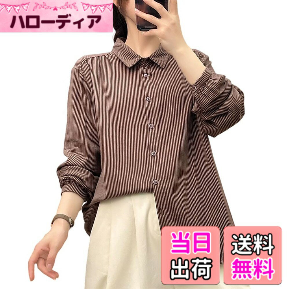 Other - 【送料無料】[Hanmall] シャツ ブラウス レディース 長袖 綿100 ストライプ柄ブラウス 綿ブラウス コットンチュニック 前開き 折り襟 リネン風 柔らかい 通気性 ゆったり 夏 春秋 10色3サイズ SLL205 色：コーヒー、サイズ：M