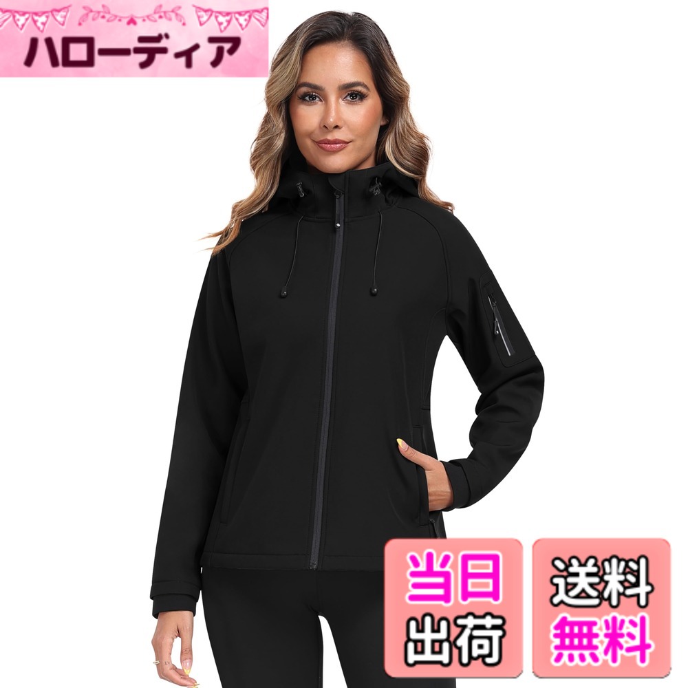 【送料無料】[MoFiz] レディース ソフトシェル ジャケット 防水 防風 防寒 ゆったり アウトドア ゴルフ 通勤 女性用 多ポケット 反射プリント 春 秋 冬 色：ブラック、サイズ：S