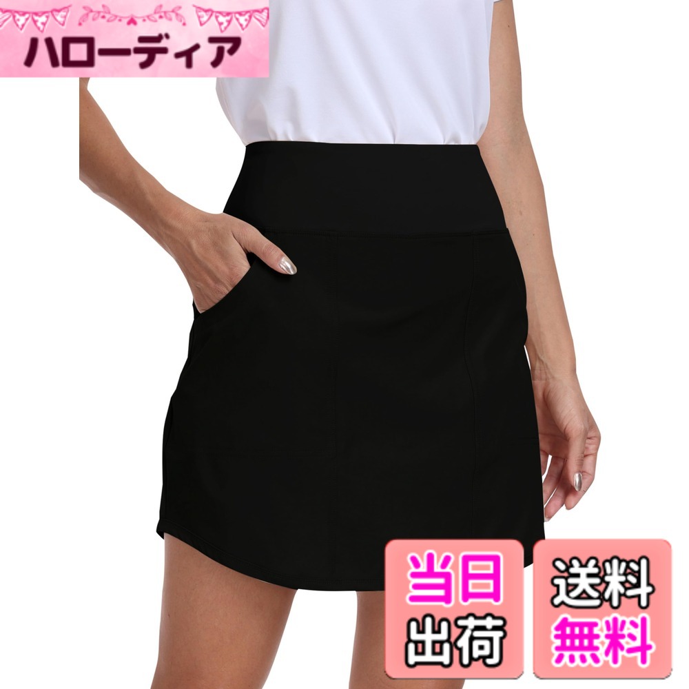 【送料無料】[YIRUIYA] ゴルフウェア スカート レディース スコート ゴルフ テニス インナーパンツ ポケット付き 軽量 通気性 吸汗速乾 スポーツ フィットネス トレーニング ランニング 色：ブラック、サイズ：L